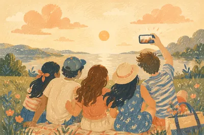 Friends Taking Playful Lakeside Selfie at Sunset