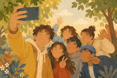 Cheerful Friends Group Selfie in Park