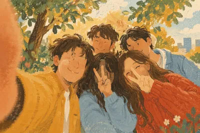 Joyful Friends Group Selfie in Park