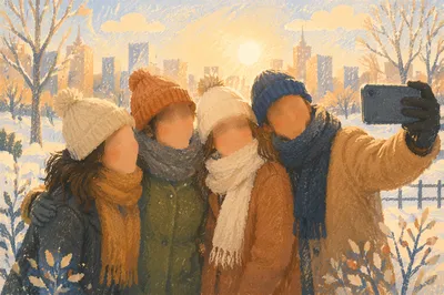 Winter Friends Group Selfie in City Park