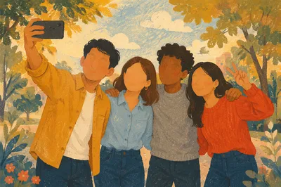 Playful Friends Group Selfie in Sunny Park