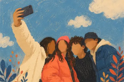 Cheerful Outdoor Friends Selfie Under Blue Sky