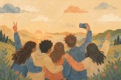 Joyful Friends Selfie on Golden Hillside