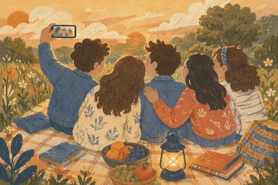 Golden Hour Friends Picnic Selfie