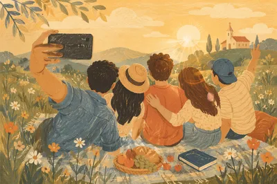 Friends Taking Sunny Meadow Group Selfie