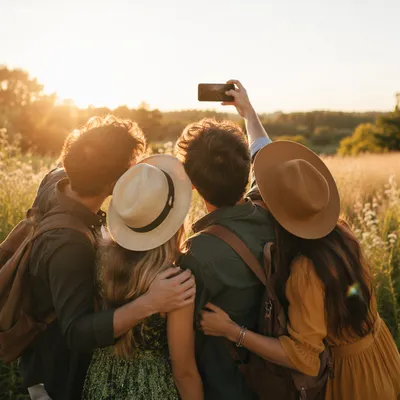 Friends Taking Selfie in Golden Meadow