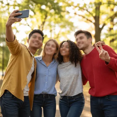 Playful Friends Taking Selfie in Park