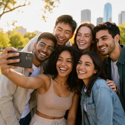 Diverse Friends Taking Selfie in Sunny Park