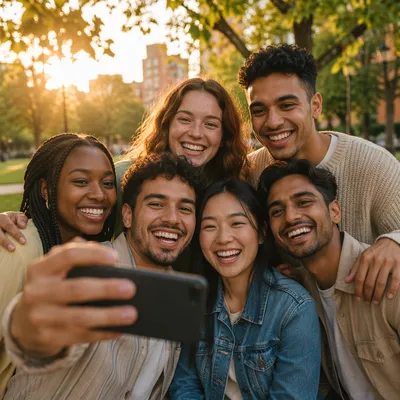 Joyful Friends Group Selfie at Golden Hour