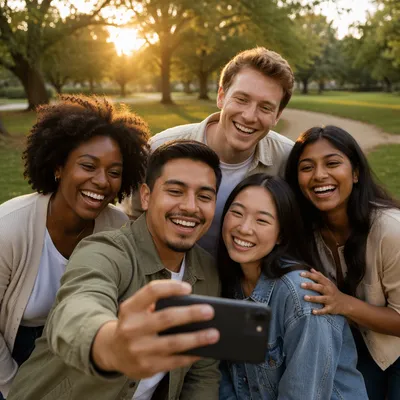 Joyful Friends Group Selfie in Golden Hour