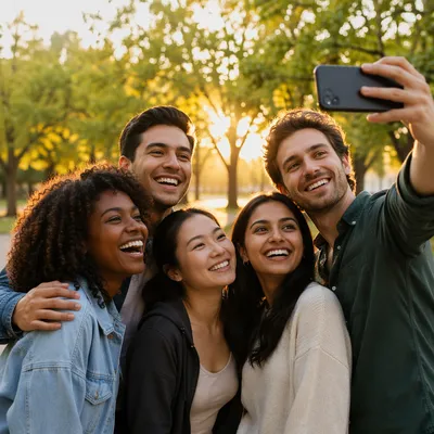 Five Friends Taking Selfie in Park