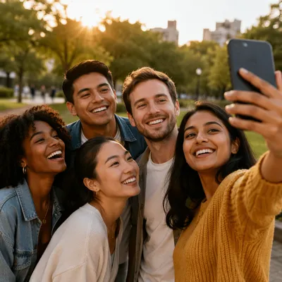 Five Friends Taking Outdoor Group Selfie