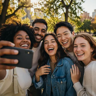 Five Friends Laughing in Sunny Park Selfie