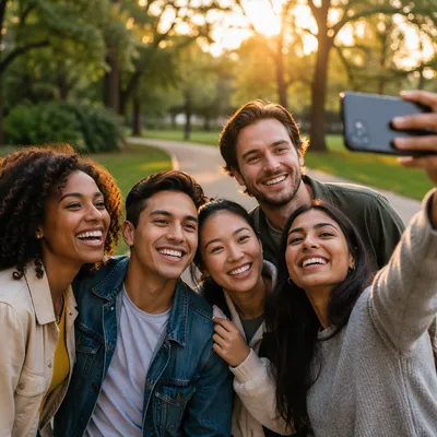 Five Friends Taking Selfie in Park