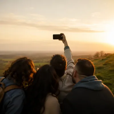 Joyful Friends Selfie at Golden Hour