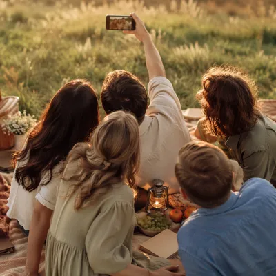 Joyful Friends Picnic Selfie at Golden Hour