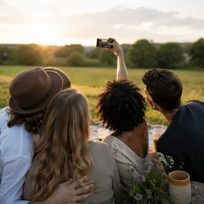 Joyful Friends Selfie in Golden Meadow