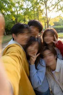 Carefree Friends Group Selfie in Park