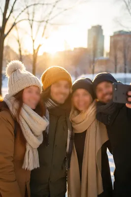 Winter Friends Group Selfie in City Park