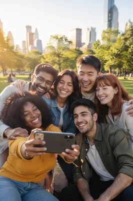 Six Friends Taking Selfie in Park