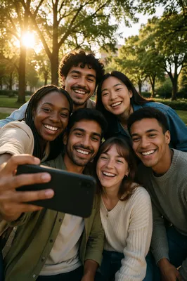 Six Friends Taking Selfie in Park