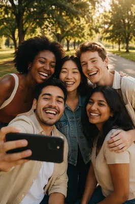 Five Friends Taking Selfie in Park