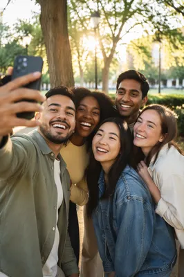 Five Friends Taking Selfie in Park