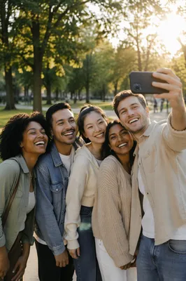 Five Friends Taking Selfie in Park