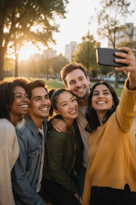 Five Friends Taking Outdoor Group Selfie
