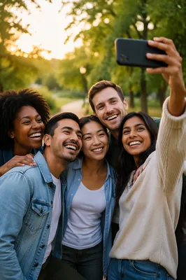 Five Friends Taking Selfie in Park