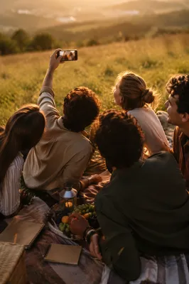 Golden Hour Friends Picnic Selfie Fellowship