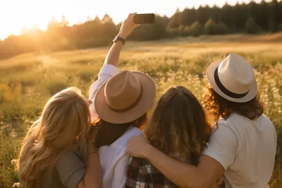 Friends Taking Selfie in Golden Meadow