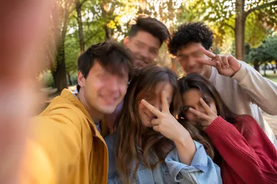 Carefree Friends Group Selfie in Sunny Park