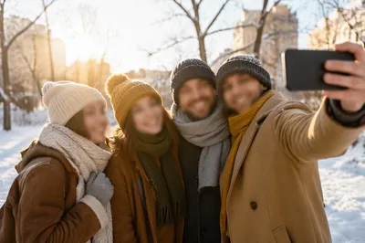 Winter Friends Group Selfie in Snowy Park