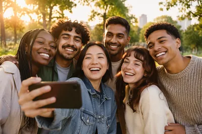 Six Friends Laughing in Park Selfie