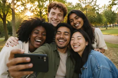 Five Friends Taking Selfie in Park