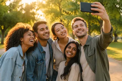 Five Friends Taking Selfie in Park
