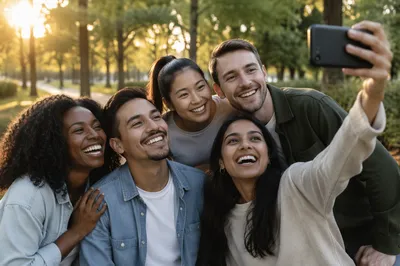Five Friends Taking Selfie in Park