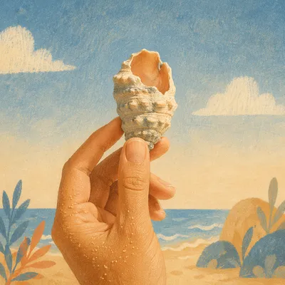 Hand Holding Weathered Seashell by the Sea