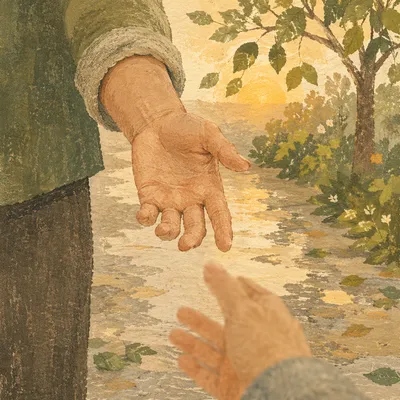 Gentle Reaching Hand in Rainy Park