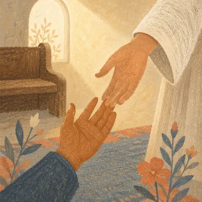 Hands Reaching in Warm Chapel Light