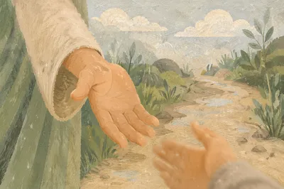 Gentle Helping Hand on Rainy Path