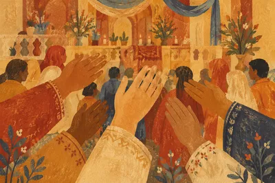 Hands Reaching Forward in Warm Hall