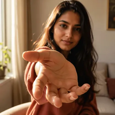 Woman Reaching Hand Toward Camera Indoors
