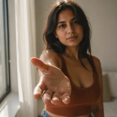Woman Reaching Hand Toward Camera Indoors