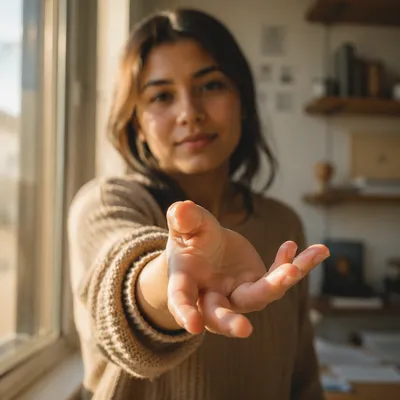Young Woman Reaching Toward Camera Indoors
