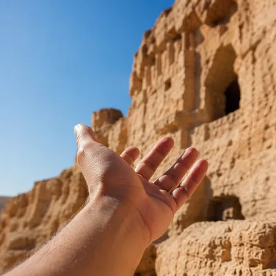 Hopeful Hand Reaching Toward Desert Sky
