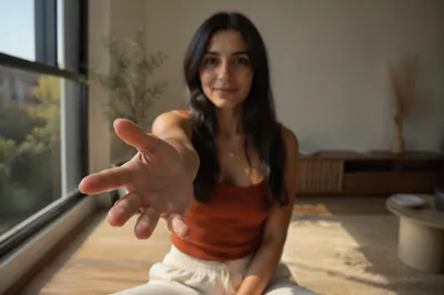 Woman Reaching Hand Toward Camera Indoors