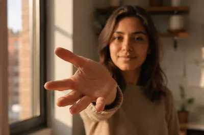 Woman Reaching Hand Toward Camera Indoors