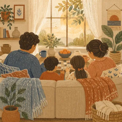 Happy Family Together in Cozy Living Room